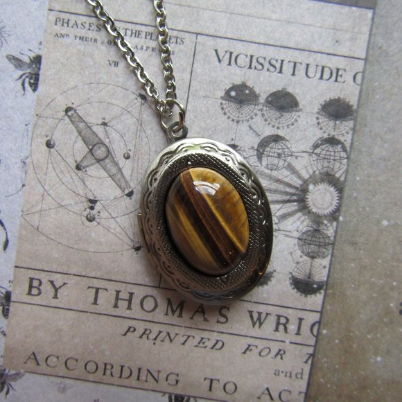 Tiger Eye Stone Photo Locket Necklace - Picture 1 of 5